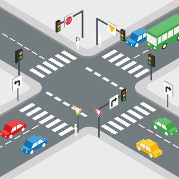 Isometric view of a busy city intersection with traffic lights and cars.