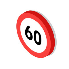 Isometric Speed Limit 60 Sign Icon on White Background.