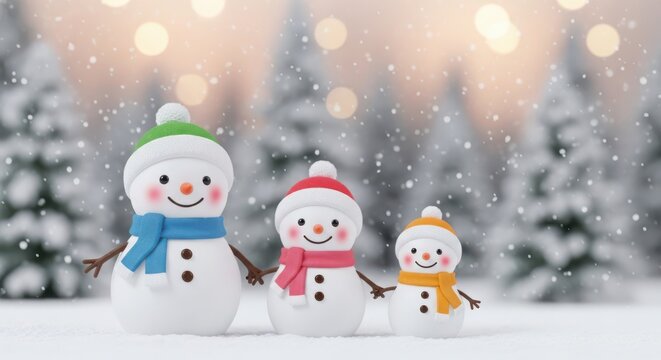 Three cheerful snowmen in a snowy winter forest with festive bokeh lights and falling snowflakes - Powered by Adobe