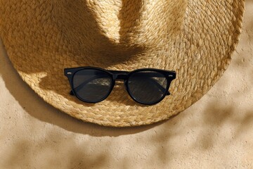 Straw Hat with Sunglasses on Sand Beach Scene