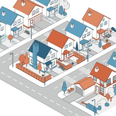 Isometric Illustration of a Modern Suburban Residential Neighborhood.