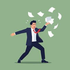 Stressed Businessman Overwhelmed by Flying Papers and Workload.