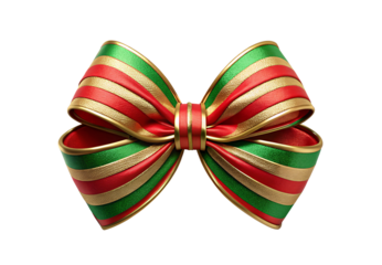 Holiday gift bow featuring red, green, and gold metallic striped pattern, isolated on a transparent background