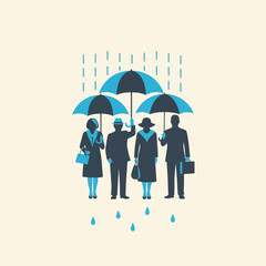 Four people sharing umbrellas in the rain protecting themselves. © Anak