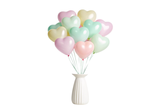 Pastel heart-shaped balloons in vase with soft rainbow colors, isolated on a transparent background