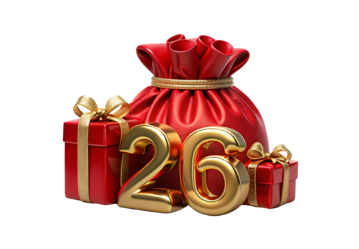 Red fabric gift sack with gold 26 numerals and festive boxes, isolated on a transparent background
