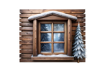 Rustic wooden cabin window with snow, frost details and snow-dusted evergreen tree, isolated on a transparent background
