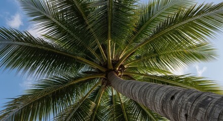 Obraz premium Looking Up at a Tall Palm Tree with Green Fronds Against a Blue Sky.