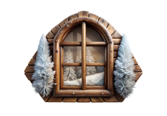 Arched wooden window frame with frost-covered evergreens and snowy winter forest view, isolated on a transparent background