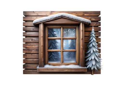 Rustic wooden cabin window with snow, frost details and snow-dusted evergreen tree, isolated on a transparent background