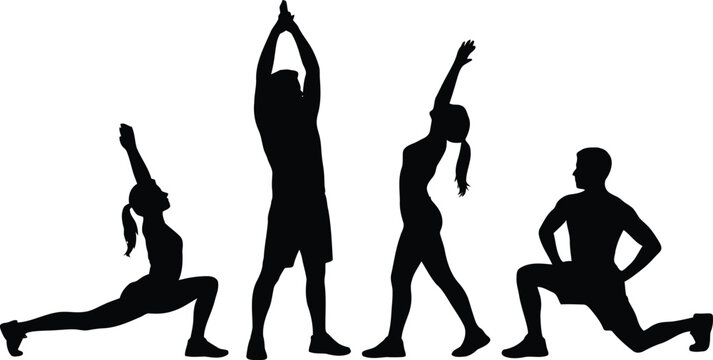 Group of four people doing different fitness and stretching exercises in silhouetted forms