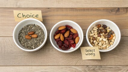 Three Bowls of Healthy Snacks with Labels Choice and Select Wisely on Wooden Table