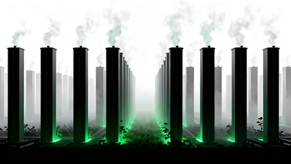 Generative AI sustainable industry towers emitting clean vapor, symbolizing ecological production