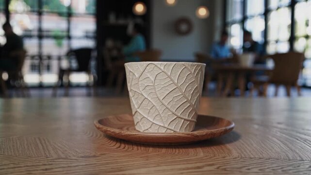 White ceramic cup with leaf pattern on a small wooden saucer on a cafe table, softly blurred patrons and windows in background suggesting calm urban coffee break ambiance