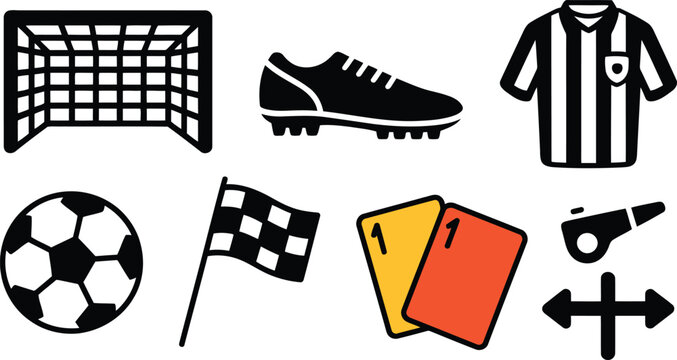 Important soccer accessories and referee tools including numbered penalty cards presented as clear black icons