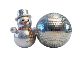 Glittery snowman figurine with top hat beside large reflective disco ball ornament, isolated on a transparent background