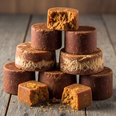 Stack of traditional piloncillo cones on rustic wooden table.