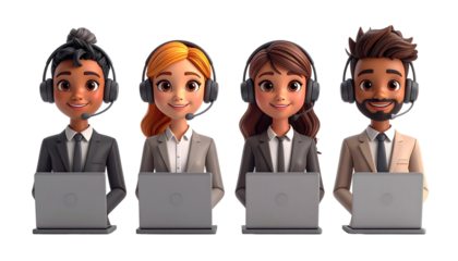 Set of four 3D office people wearing headsets, isolated on transparent background