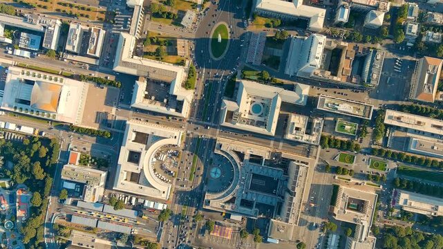 Rome, Italy. Piazza Guglielmo Marconi. District EUR - Quarter is a vast complex of buildings built on the orders of dictator Benito Mussolini. Drone footage, HEAD OVER SHOT