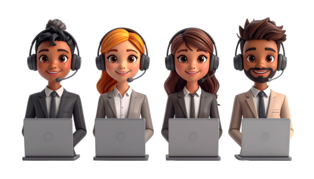 Set of four 3D office people wearing headsets, isolated on transparent background - Powered by Adobe