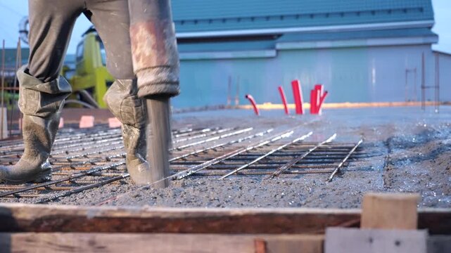 Pouring mixed concrete after installing steel reinforcement to create house. 