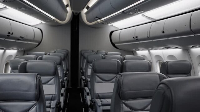 Rows of empty gray seats are arranged symmetrically inside an airplane cabin, illuminated by overhead lighting, creating a repetitive pattern