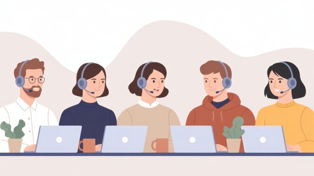 Support Team Collaboration: A friendly and supportive team, working together with headsets and laptops to provide efficient customer assistance and enhance the customer's satisfaction. 