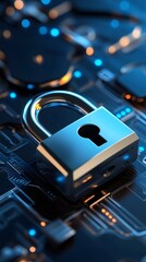 Padlock on glowing circuit board symbolizing cybersecurity and data protection