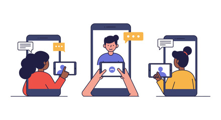 video call communication three people video conferencing on smartphones connecting remotely for collaboration and digital communication solutions.
