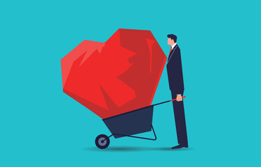 Ruthless, strong-willed, with a heart of stone, businessmen push wheelbarrows to carry stones like heart-shaped