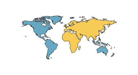 world map continents colored illustrating geographic division with blue highlighting americas and australia gold showing eurasia and africa continents.