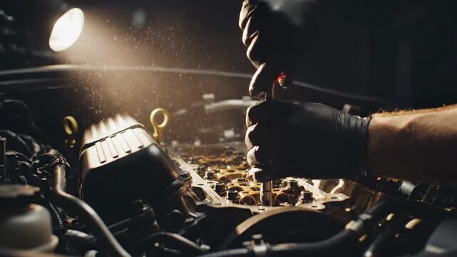 Automotive engine repair by mechanic hands using tool in low light