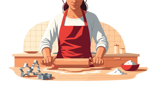  2D vector illustration on white background a person baking Christmas cookies rolling dough, cookie cutters shaped like stars and trees nearby. Kitchen setting simplified, warm tones, no brand ite