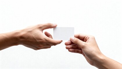 Close-up of two male hands, one giving and one receiving, a blank white rectangular card with rounded corners, perfect for a business card mockup, credit card, ID, or gift card template, isolated on a