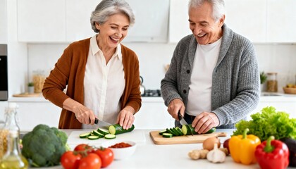Happy senior couple laughing and smiling while preparing a healthy meal together, chopping fresh green zucchini on cutting boards in a bright modern white kitchen, enjoying active retirement lifestyle
