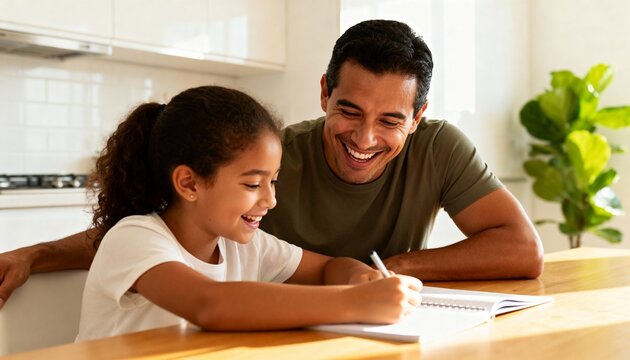 Happy mixed-race father smiling brightly while lovingly assisting his cheerful young daughter with school homework or creative writing in a bright, modern kitchen at a wooden table, fostering learning - Powered by Adobe