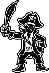 Cartoon pirate with sword in bold black and white style, tricorn hat, angry expression, classic pose, vector illustration design