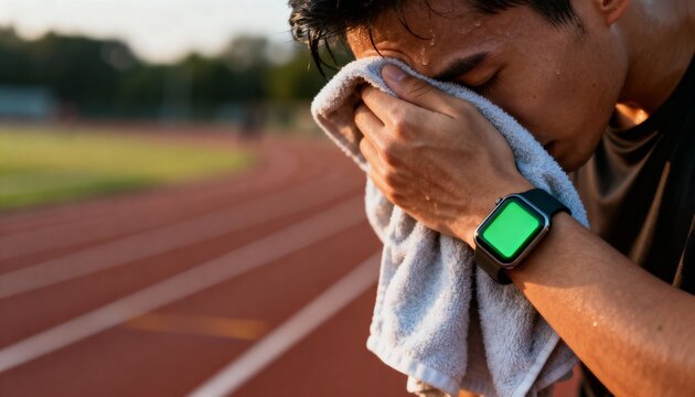 Sweaty male athlete wiping face with a towel after an intense outdoor workout on a running track at sunset, showing exhaustion and a smartwatch with a green screen for custom display.