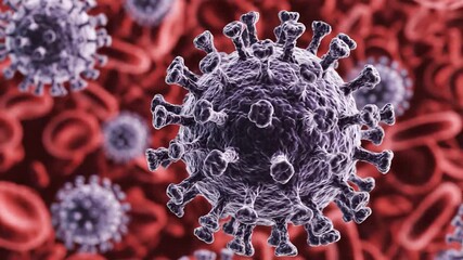 Microscopic View of Coronavirus Particles Among Red Blood Cells A Detailed Scientific Visualization of Viral Infection and Immune Response. - Powered by Adobe