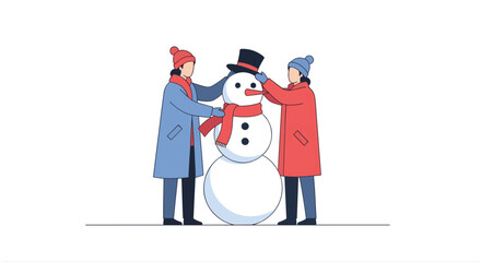  Minimal flat 2D scene on pure white a couple building a snowman together in winter clothes, with scarf and hat on the snowman. Stylized human forms, soft blue and red palette, no backgro