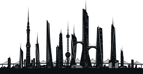Futuristic city skyline silhouette with modern skyscrapers, towers, and bridges in sci-fi style for architecture and concept art use. © anisur-creatives
