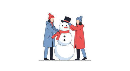  Minimal flat 2D scene on pure white a couple building a snowman together in winter clothes, with scarf and hat on the snowman. Stylized human forms, soft blue and red palette, no backgro