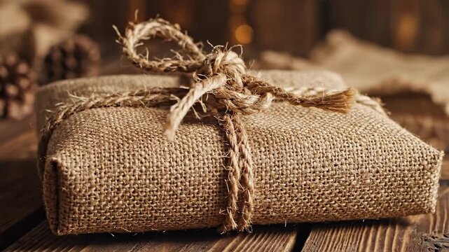 Rustic wrapped present with twine on wooden table festive holiday gift giving