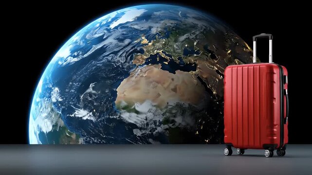 Red Suitcase Stands Before Planet Earth With City Lights Visible At Night Sky