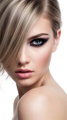 Fototapeta premium Stunning woman with smoky eye makeup and blonde hair, portrait of beauty and elegance for cosmetics and fashion brands today