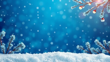 A beautifully festive holiday scene with snow covered branches, twinkling lights, and gentle snowflakes falling against a serene gradient blue background for Christmas.