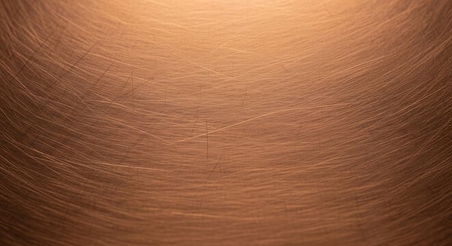 Close up of brushed copper metal with circular grain and warm lighting