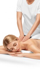 Obraz premium Blonde woman enjoying relaxing neck and shoulder massage at spa, promoting wellness and self care for a healthy lifestyle