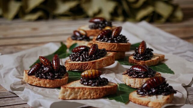 Chef preparing toasted bread canapes topped with black bean paste and garnished with edible insects and crickets, highlighting an innovative and sustainable food trend in modern gastronomy