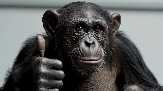 Close Up Portrait of a Chimpanzee Giving a Thumbs Up Gesture Against a Soft Gray Studio Background